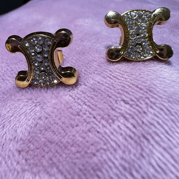 Celine Gold Crystal Metal Buttons Turned into Earring Studs Macadam Triomphe - Picture 10 of 16